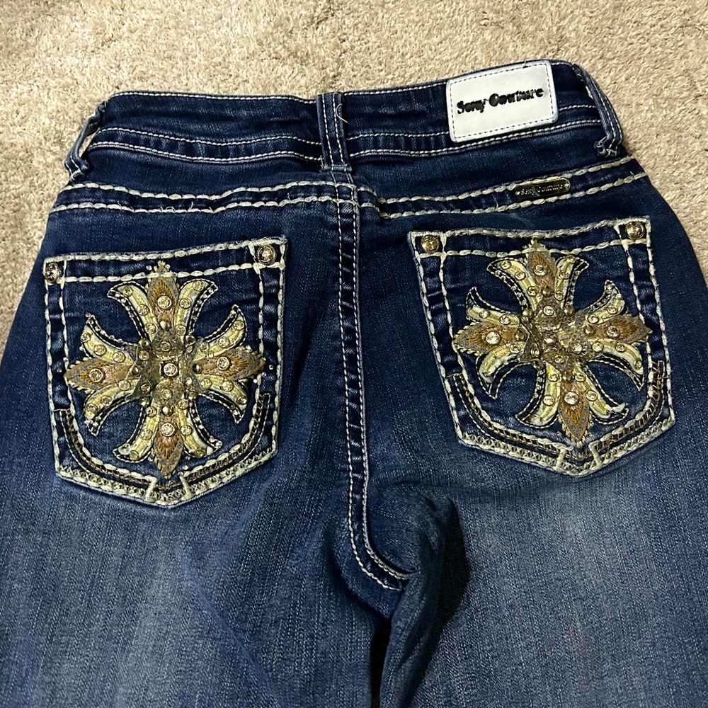 Sexy Couture size 1 blue jeans with rhinestone bellbottoms